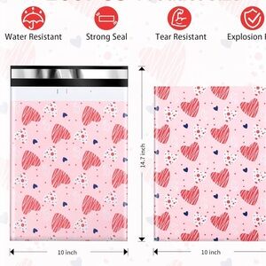 New Valentines 10x13” Pollymailers Pink and Red Heart Patterned 10ct